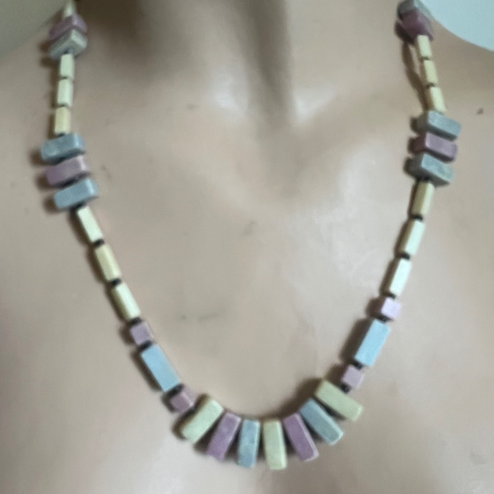 Vtg Pastel Faux Stone Beaded Necklace 24 Inch Geometric Block Soft Girl 70/80sux